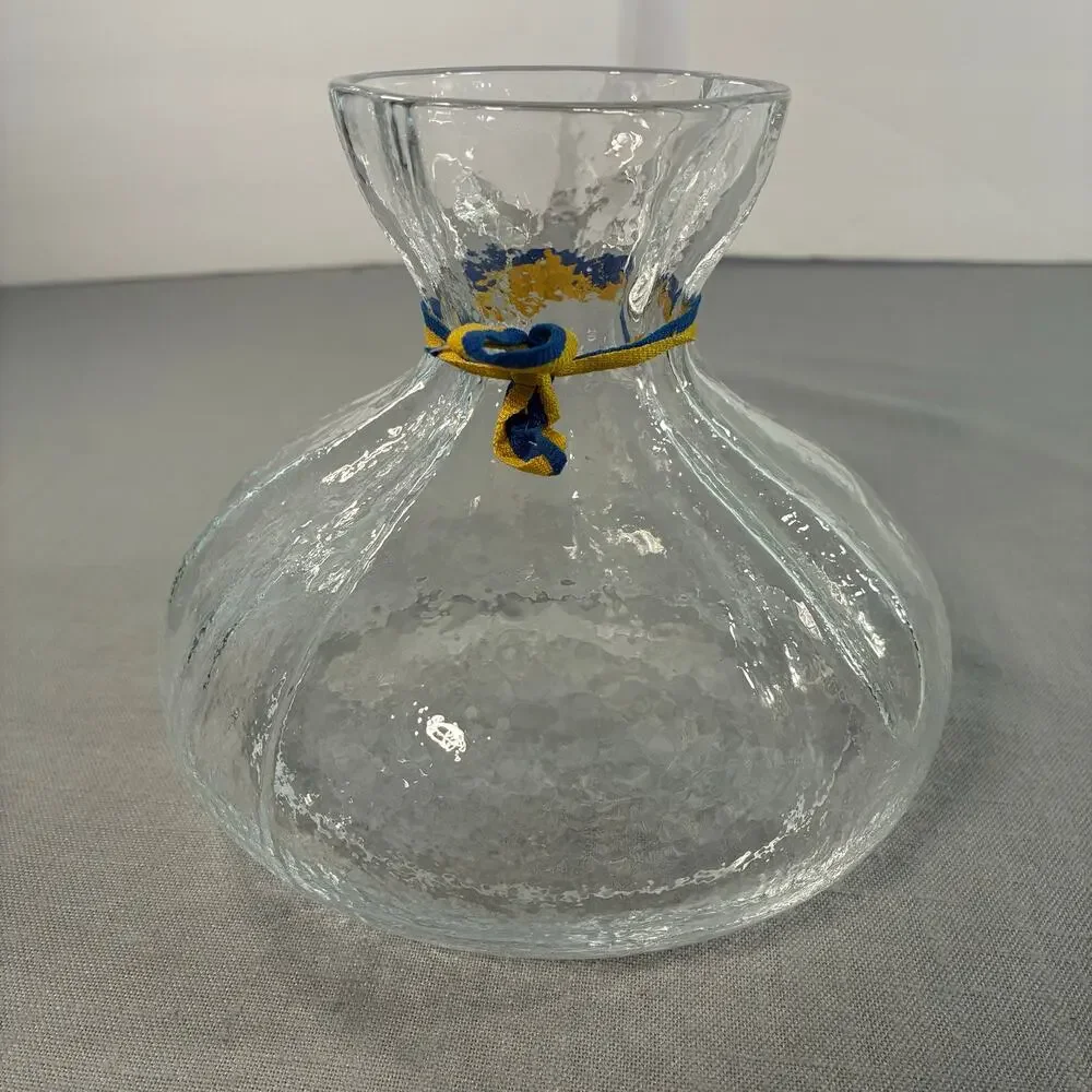 Vintage Clear Textured Art Glass Vase Pinched Rim Blue Gold Cord 6 Inch Decor